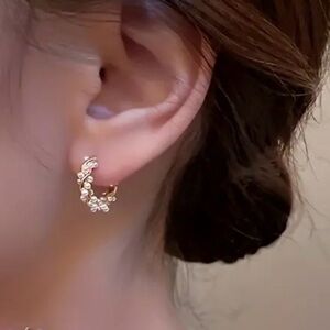 Gold Tone and Mini Pearl Hoop Earrings, New